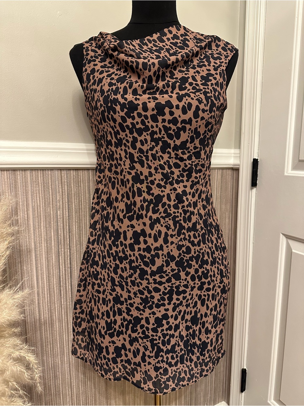 Commense Leopard Animal Print Cowl Neck Shift Mini Dress Small